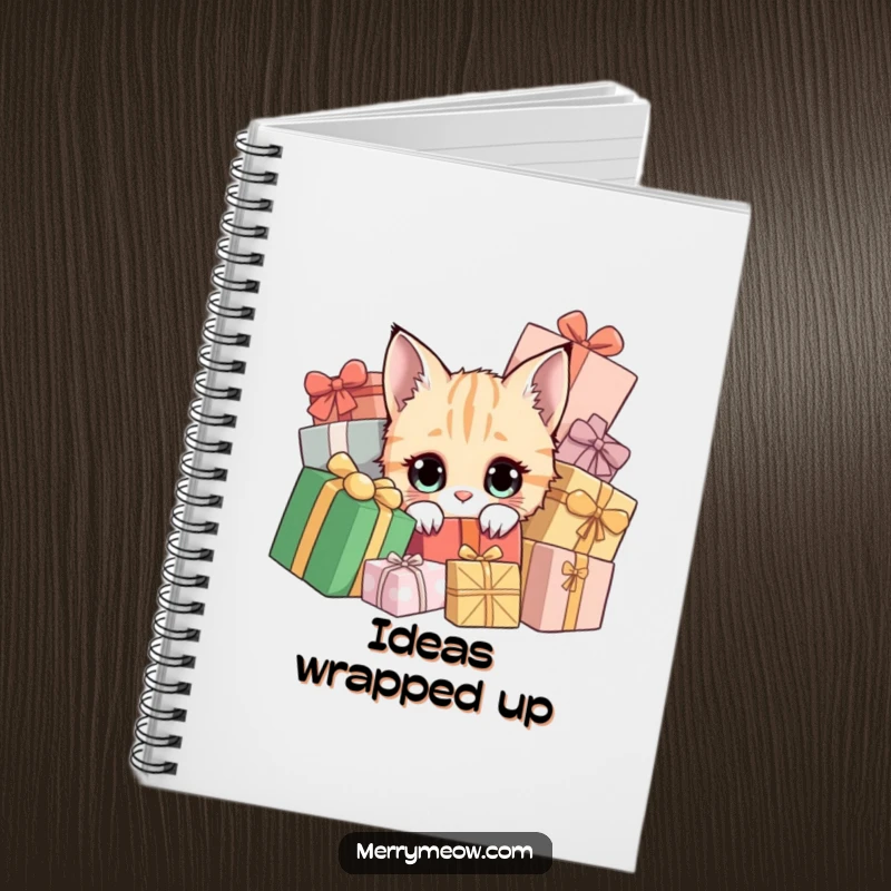 Funny notebook featuring a curious cat peeking from holiday presents, for festive notes.