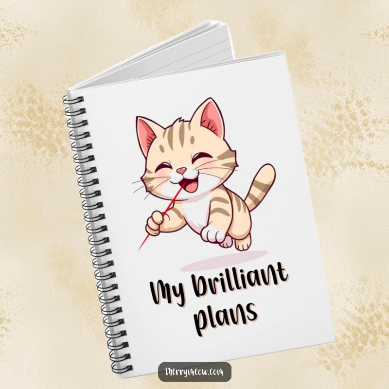 Funny tabby cat notebook featuring a cat playfully chasing a red laser dot, perfect for jotting down notes with exciting, humorous energy.