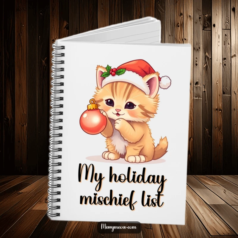 Funny notebook cover with a fluffy kitten in a Santa hat batting at a twinkling ornament, perfect for jotting down holiday plans.