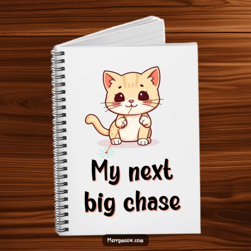Funny kawaii cat playfully chasing a laser pointer dot on a snowflake, a cute and functional notebook.