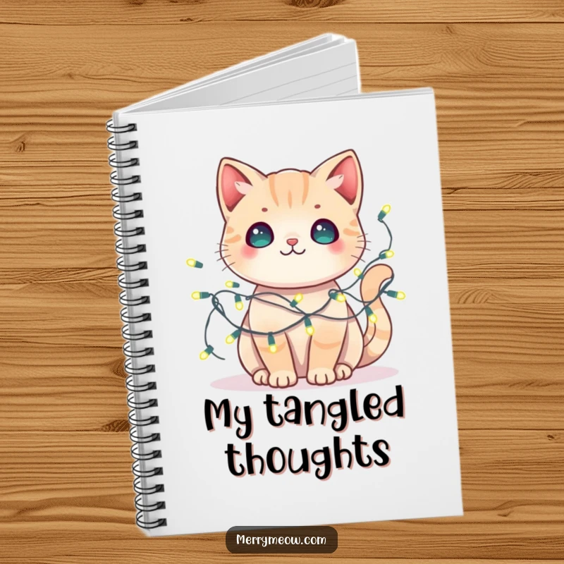 Funny kawaii cat notebook with tangled fairy lights, encouraging creative writing and playful note-taking.