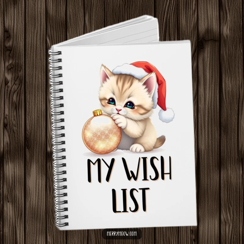Funny Kitten Santa Hat Notebook: Notebook featuring a fluffy kitten in a Santa hat playfully batting at a shimmering ornament, ideal for notes.
