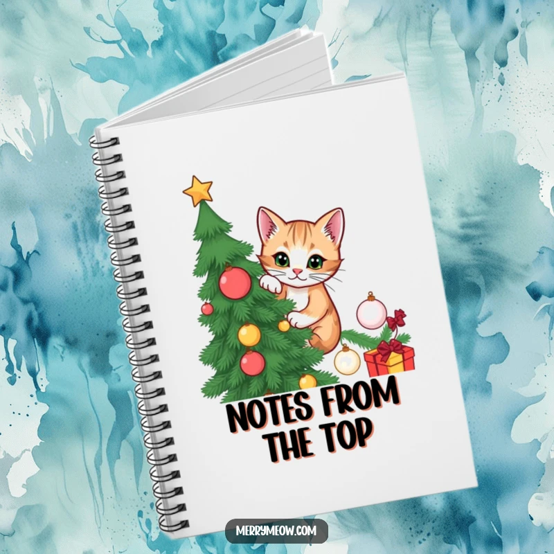 Funny notebook with a mischievous cat climbing a Christmas tree, perfect for jotting down holiday plans and notes with humor.