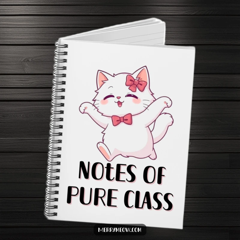 Funny white cat notebook featuring a fluffy cat in a festive bow, caught mid-graceful leap, perfect for jotting down notes with elegance.