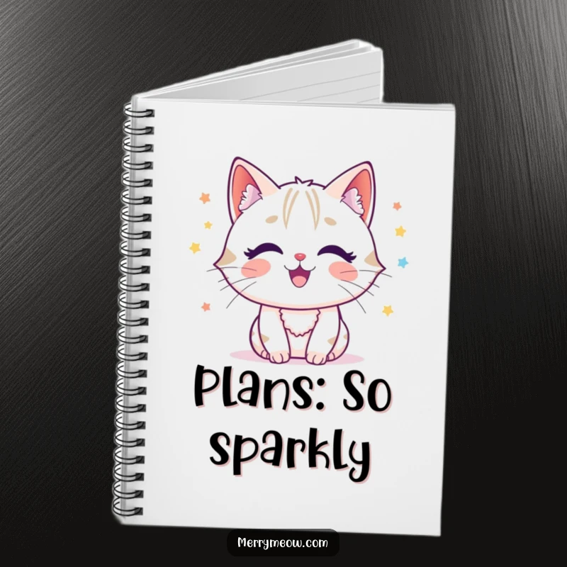 Funny cat character joyfully batting at tinsel, symbolizing holiday fun on the cover of a lined notebook.