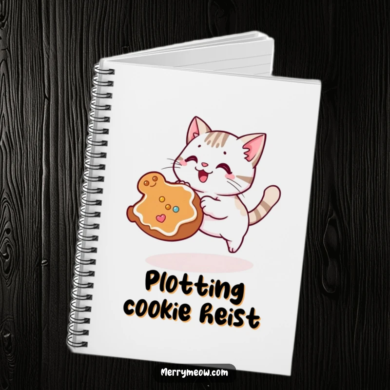 Funny Kawaii Cat Notebook showing a cute cat excitedly pouncing on a gingerbread cookie, perfect for note-taking.