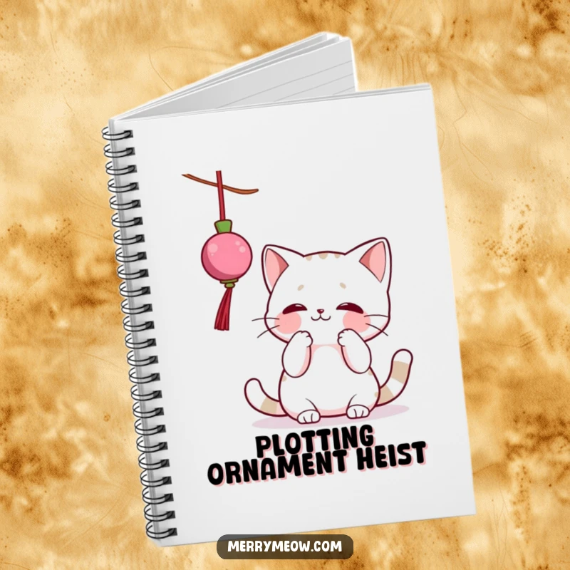 Funny notebook cover with a cat character energetically batting at a dangling Christmas ornament, perfect for jotting down ideas humorously.