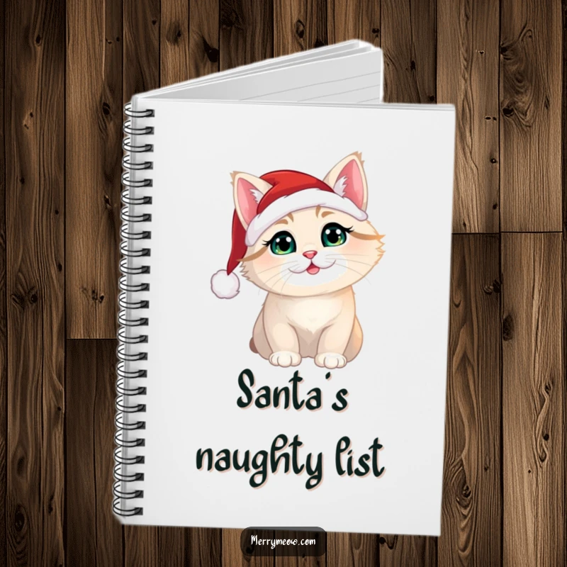 Funny Christmas cat wearing a Santa hat on the cover of a lined notebook for jotting down holiday notes.