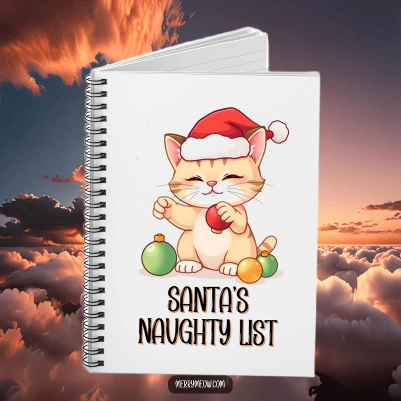Funny festive cat notebook with a cover illustration of a cat in a Santa hat playing with Christmas ornaments, ideal for notes.