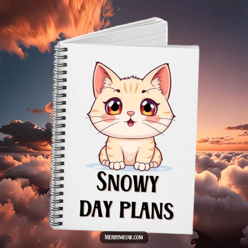 Funny notebook cover featuring a cat character with wide, excited eyes watching snow, ideal for jotting down winter thoughts.