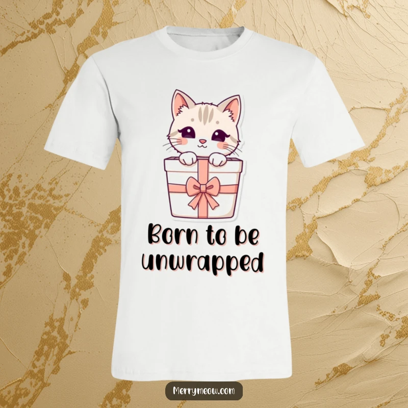Funny t-shirt graphic of a mischievous cat emerging from a brightly wrapped gift box, embodying curiosity and playful charm.