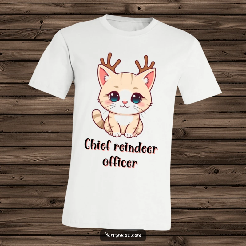 Funny t-shirt with a delightful cat character sporting small, cute reindeer antlers, embodying playful holiday spirit and festive mischief.