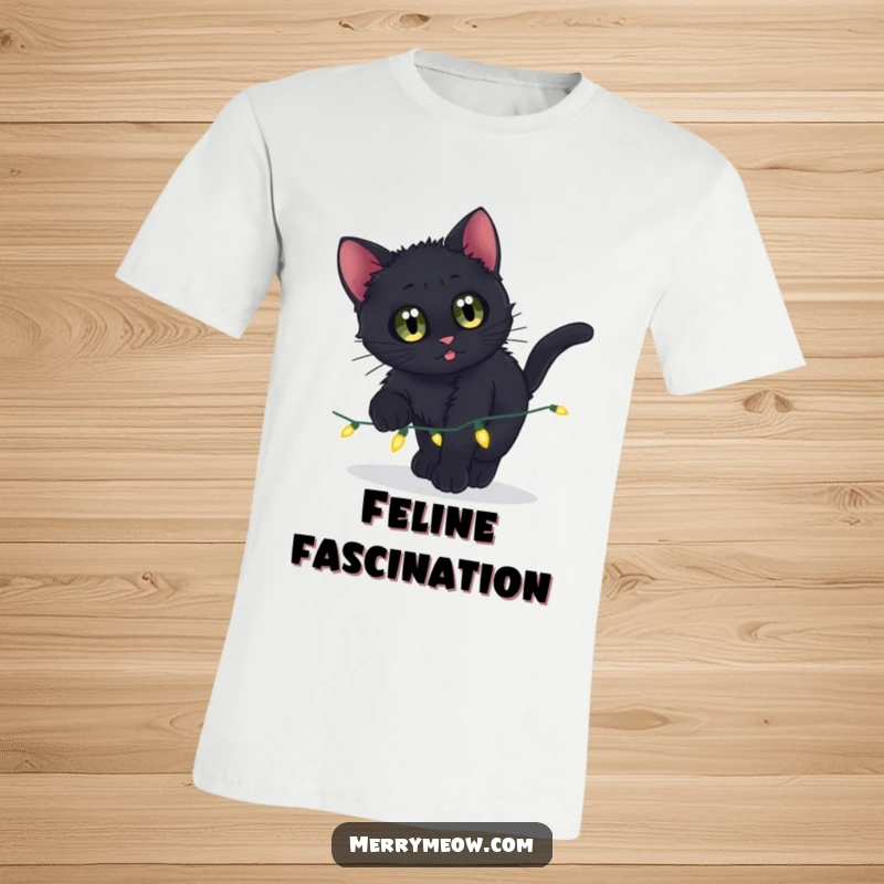 Funny t-shirt depicting a black kitten with big eyes playfully pouncing on a string of twinkling holiday lights.