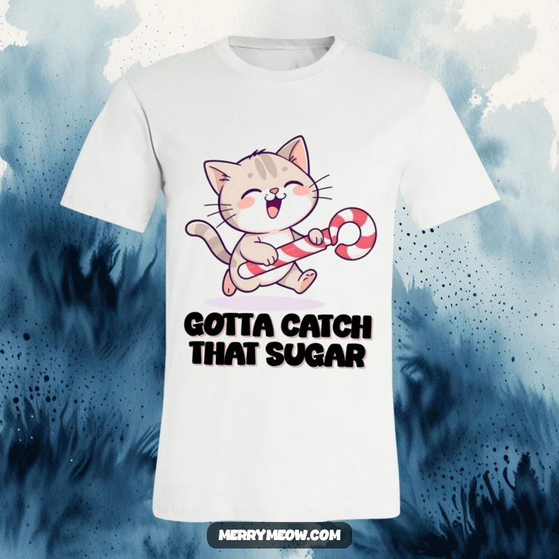 Funny cat character joyfully chasing a rolling candy cane, printed on a comfortable and festive t-shirt.