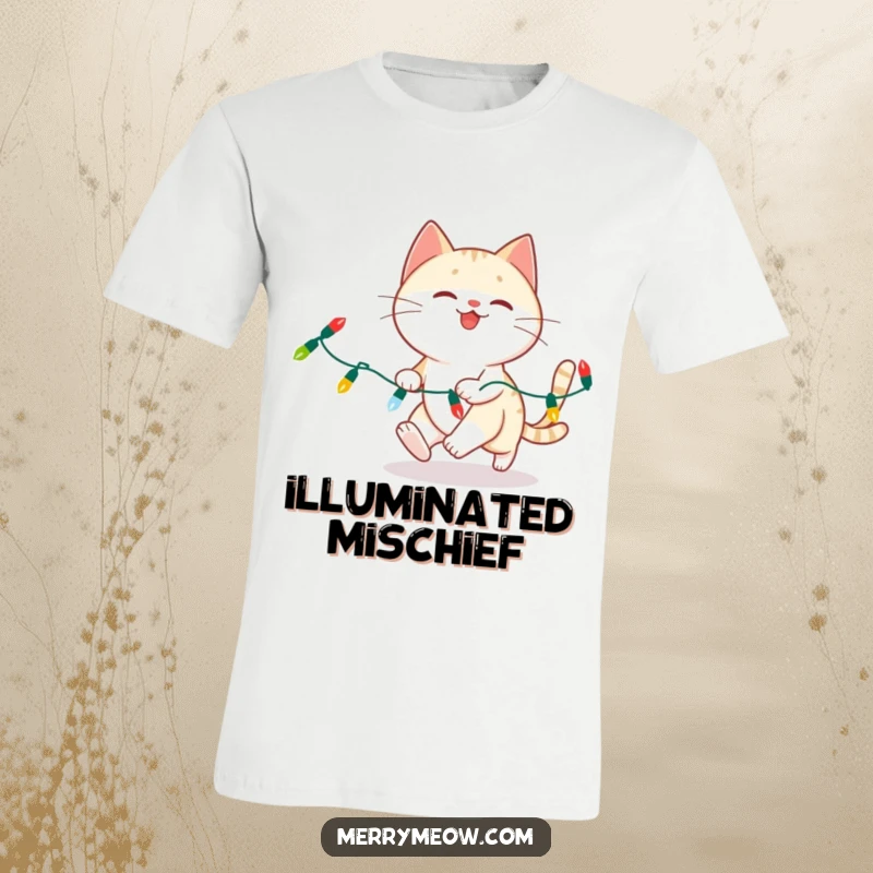 Funny cat shirt, playfully chasing and tangled in bright Christmas lights, festive holiday humor.