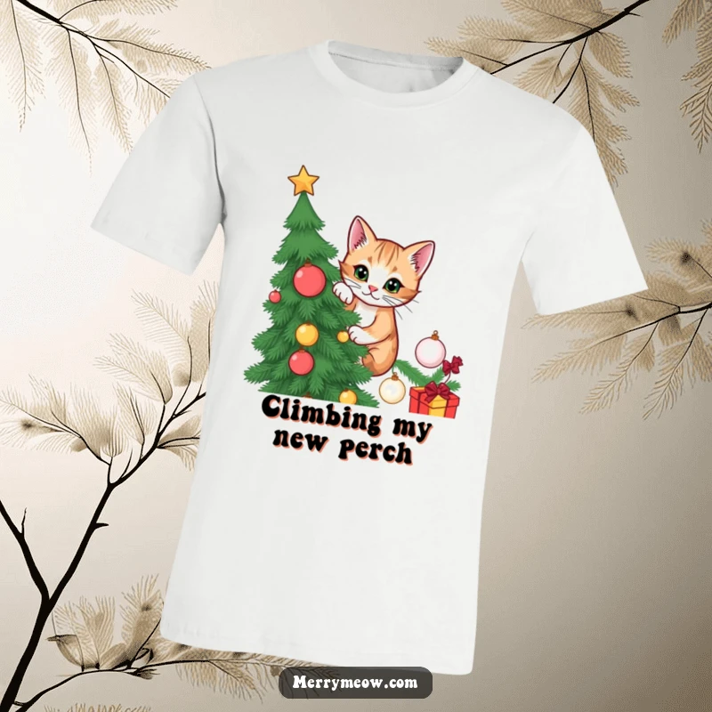 Funny T-shirt showing a mischievous cat climbing a Christmas tree, exuding holiday mischief and playful holiday spirit.