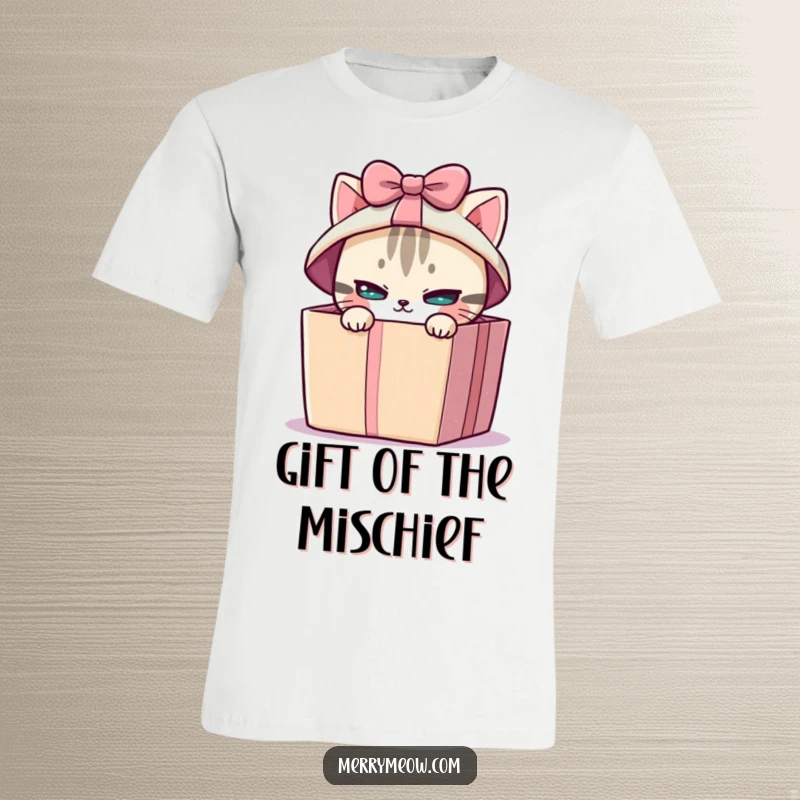 Funny t-shirt depicting a mischievous cat peeking from a brightly wrapped gift box, symbolizing playful curiosity and fun.