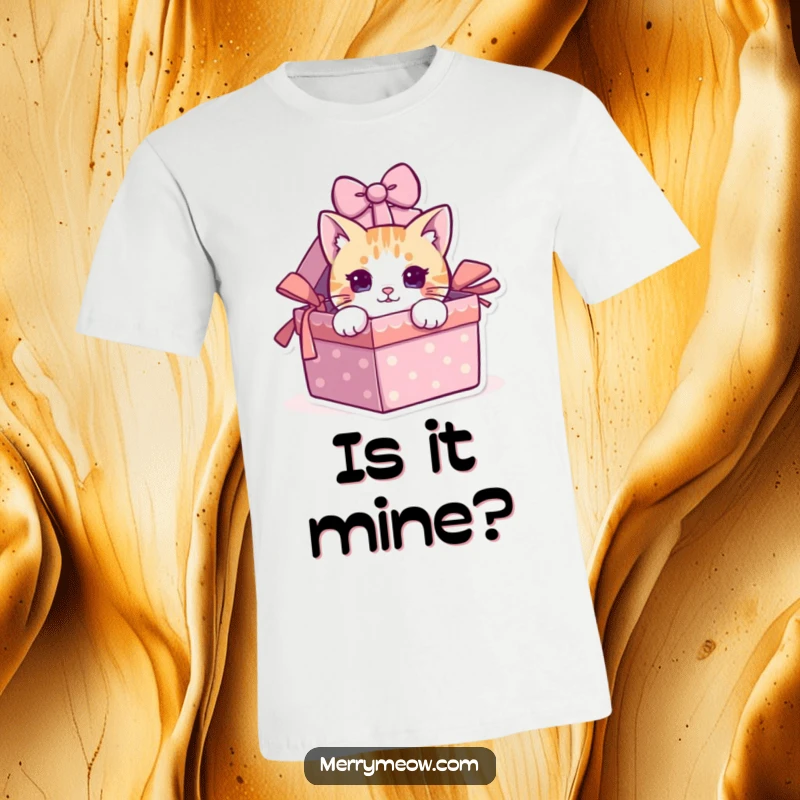 Funny cat character in a t-shirt, peeking from a gift box, celebrating humor and cats.