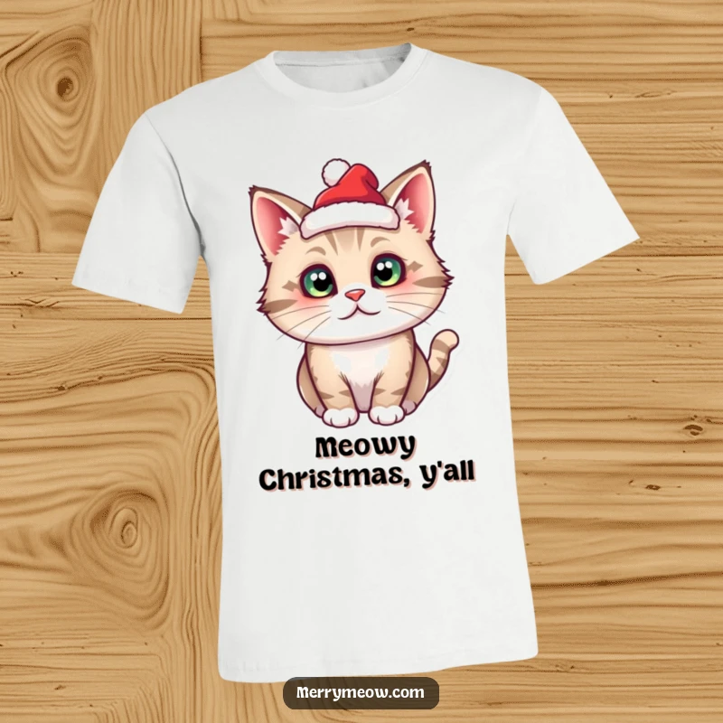 Funny cat wearing a small Santa hat, captured in a festive pose on a comfortable t-shirt.