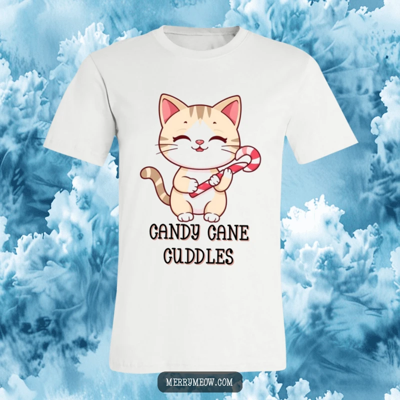 Funny T-Shirt: A cheerful cat holding a tiny candy cane, ready for festive celebrations.