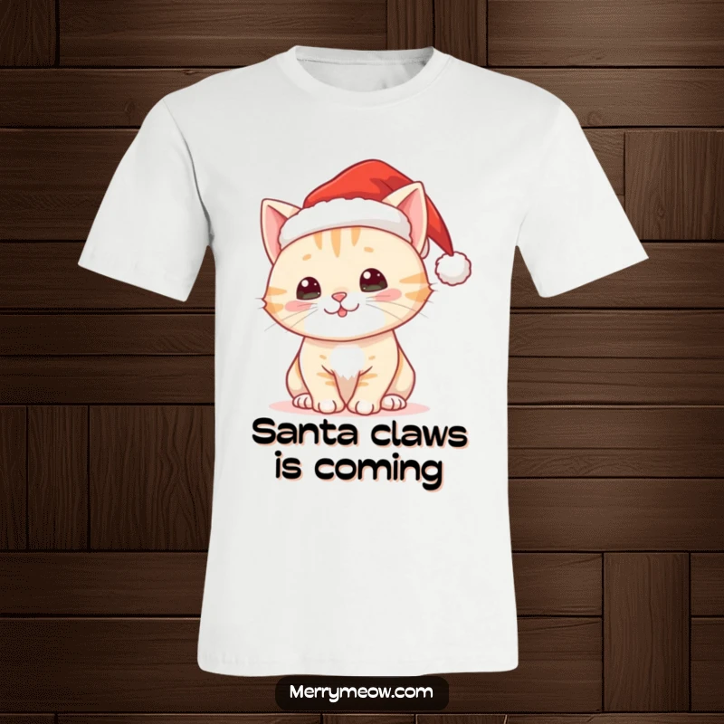 Funny T-shirt with a cute Christmas cat wearing a Santa hat, perfect for holiday celebrations.