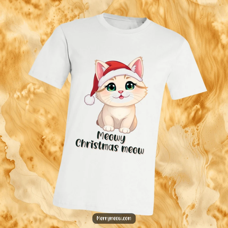 Funny Christmas cat sporting a small Santa hat on this comfortable t-shirt, embodying holiday mischief.