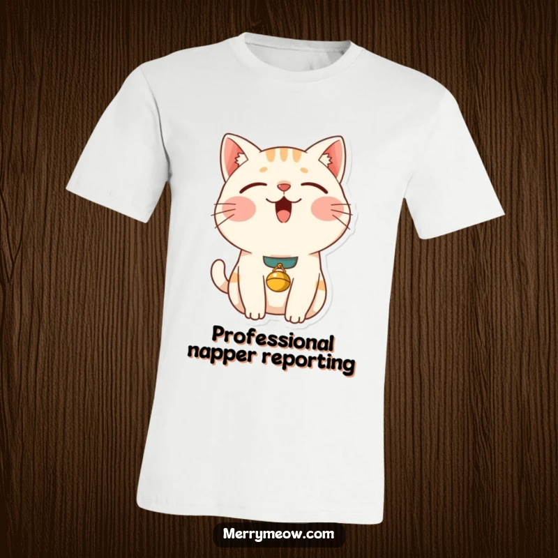 Funny content cat t-shirt showing a blissfully purring cat with eyes shut and a tiny bell around its neck, a symbol of pure happiness.