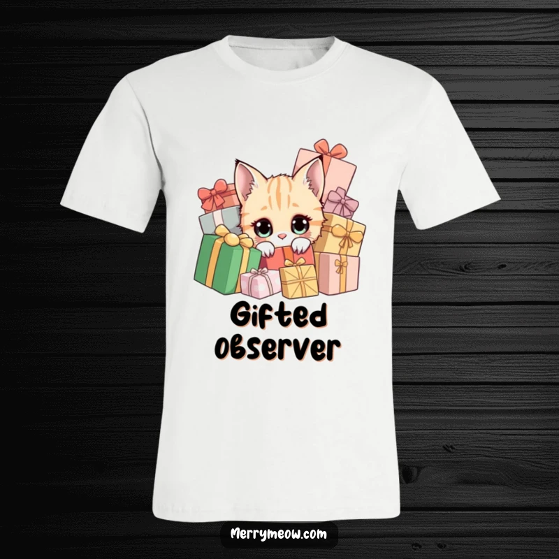 Funny t-shirt showing a curious cat with wide eyes peering from a pile of holiday gifts.