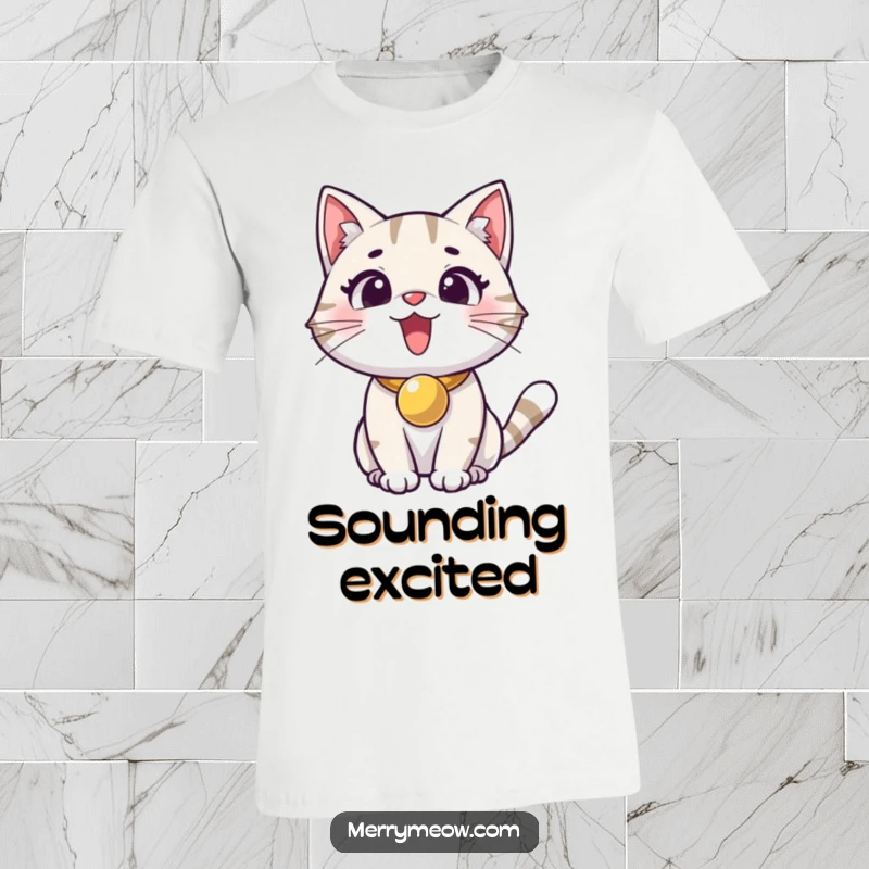 Funny t-shirt depicting an excited cat wearing a jingle bell collar, full of playful energy and happiness.