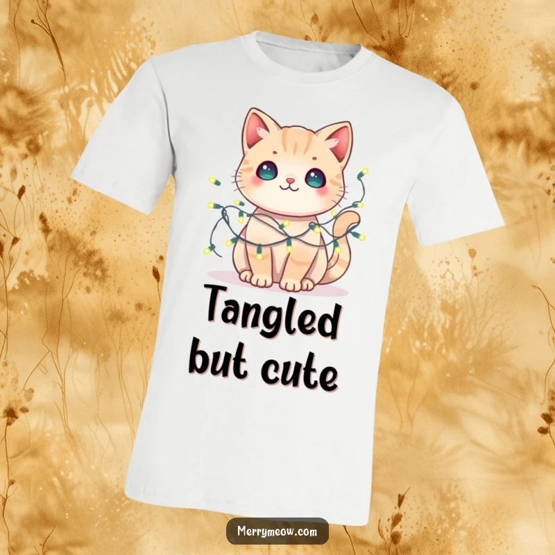 Funny kawaii cat t-shirt featuring a cute cat tangled in fairy lights, symbolizing playful festive moments.