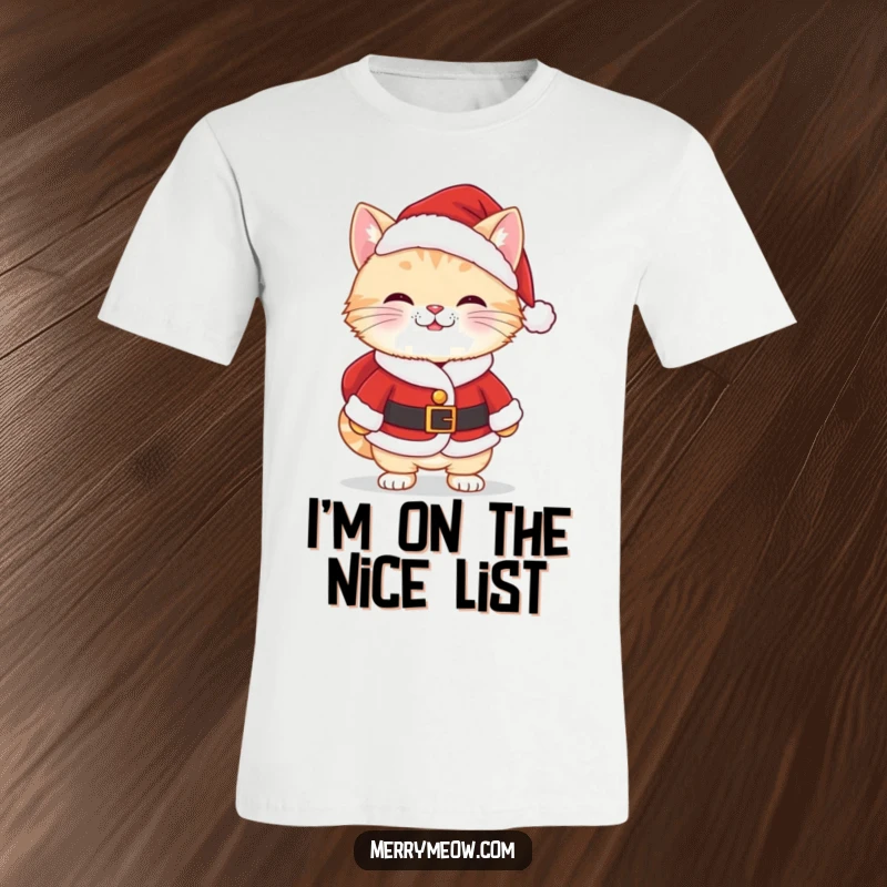 Funny Kawaii Santa Cat T-Shirt with a cute cat wearing a Santa suit, showing a cheeky grin, perfect for holiday parties.