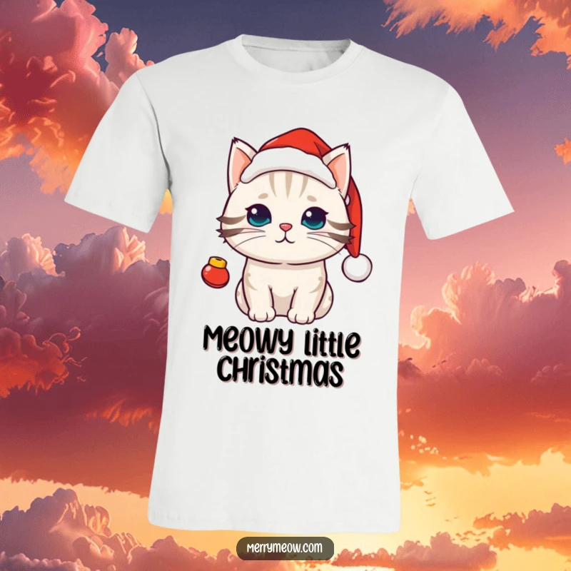 Funny kawaii cat dressed in a miniature Santa hat with jingling bells, embodying playful holiday cheer.