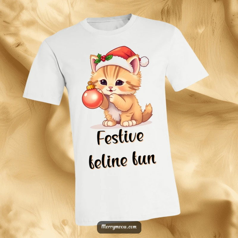 Funny t-shirt with a fluffy kitten wearing a Santa hat, batting playfully at a twinkling Christmas ornament, full of holiday joy.