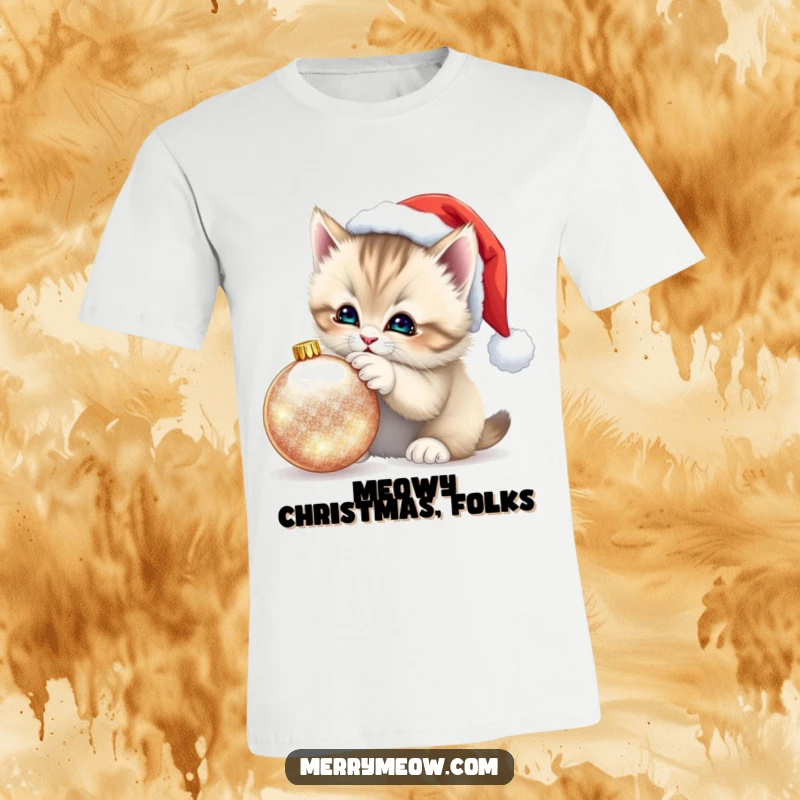 Funny Kitten Santa Hat T-Shirt: Festive tee featuring a fluffy kitten in a Santa hat playfully batting at a shimmering ornament, holiday joy.