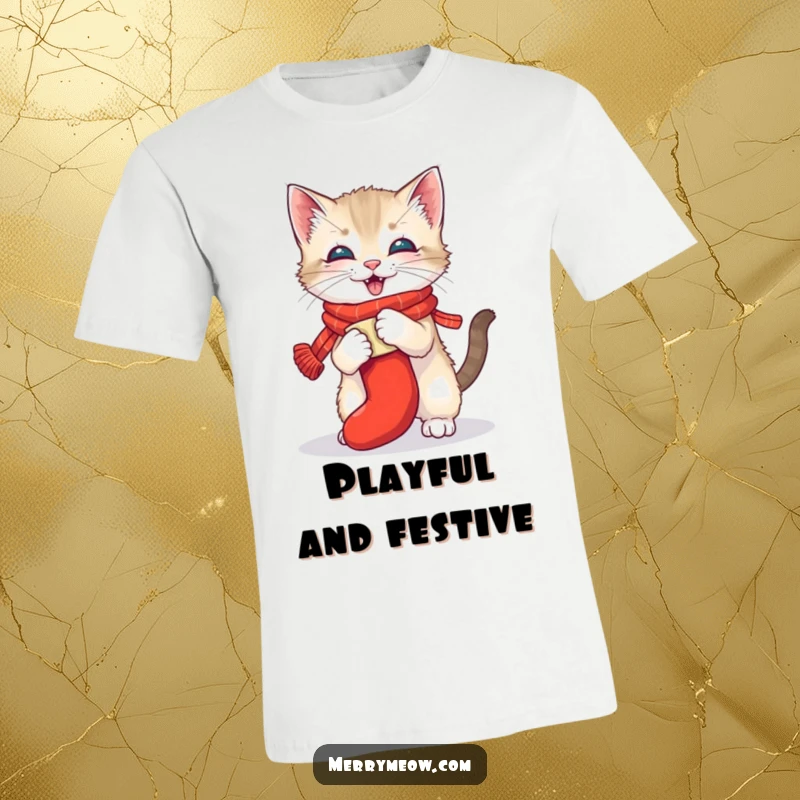Funny t-shirt showing a playful kitten in a scarf wrestling a stocking, embodying holiday joy and energetic chaos, a great funny gift.