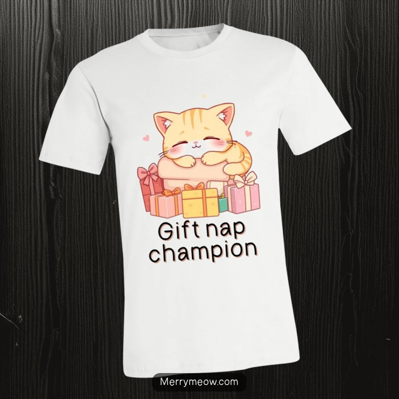 Funny t-shirt featuring a cat character joyfully napping peacefully on a large stack of colorful holiday gifts, looking utterly content.