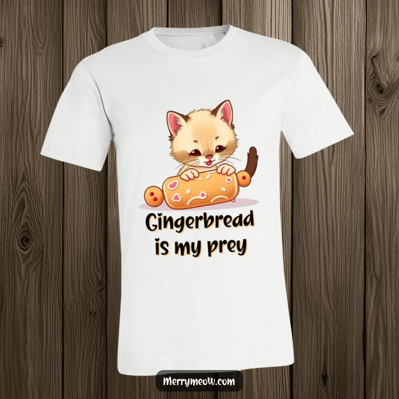 Funny t-shirt showing a lively Siamese kitten enthusiastically playing with a gingerbread cookie that’s rolling away, full of playful chase.