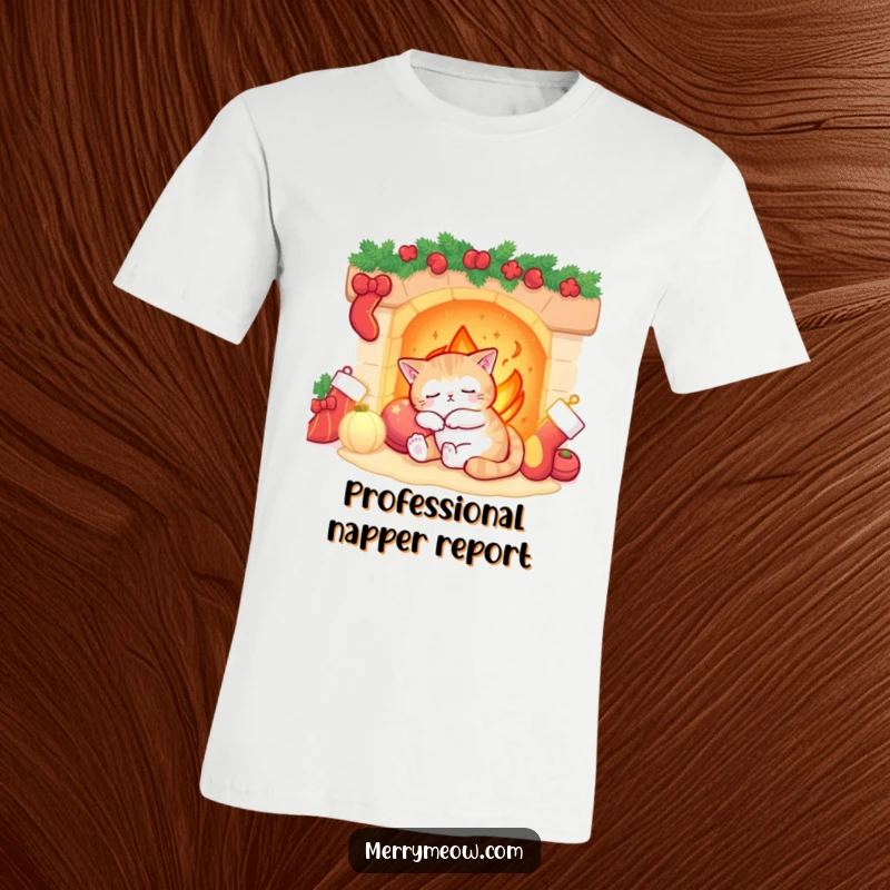 Funny sleepy cat napping by a warm fireplace with stockings nearby, printed on a comfortable and festive t-shirt.