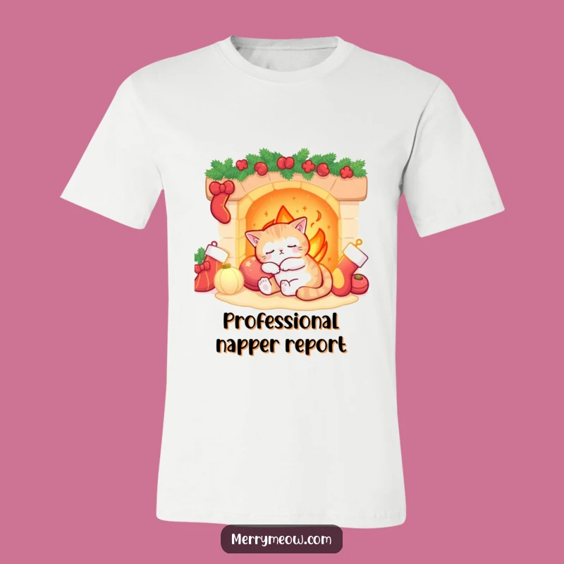 Funny Sleepy Cat Fireplace T-Shirt: Wearable Cozy Holiday Vibes!