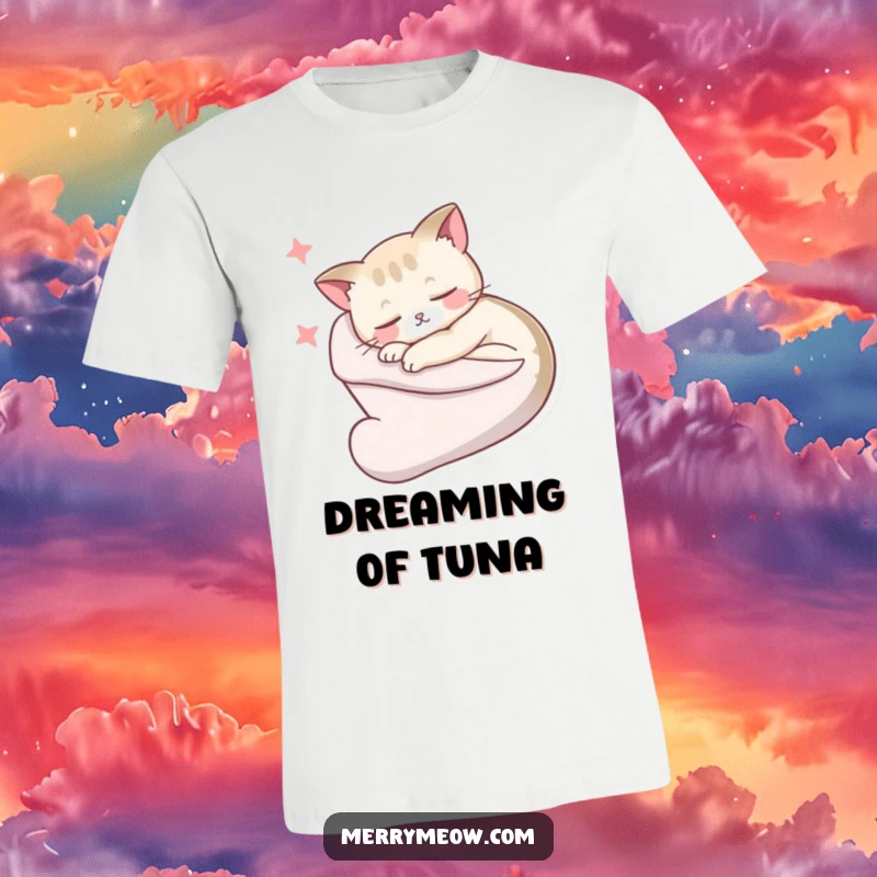 Funny T-Shirt: A cute cat is fast asleep, curled up inside a stocking, looking hilariously peaceful and cozy.