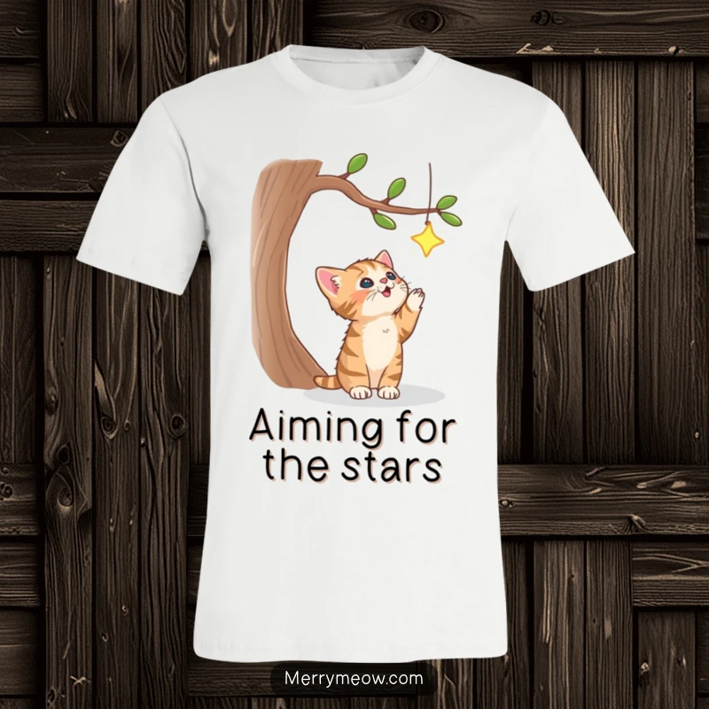 Funny t-shirt showing a cute tabby kitten jumping high to catch a twinkling star hanging from a festive tree, full of hopeful energy.
