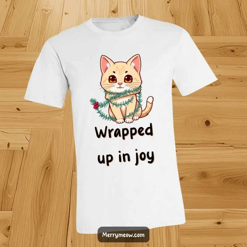 Funny t-shirt depicting a cat character comically wrapped in shimmering festive tinsel, embodying chaotic holiday joy.