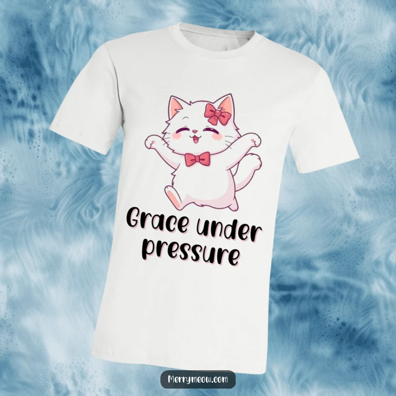Funny white cat t-shirt depicting a fluffy feline wearing a festive bow, captured in a moment of graceful, athletic leaping.