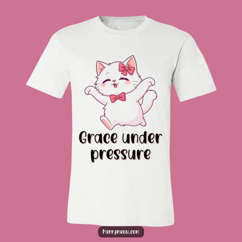 Funny White Cat Leap T-Shirt: Graceful Pose Graphic, Ideal Humorous Gift