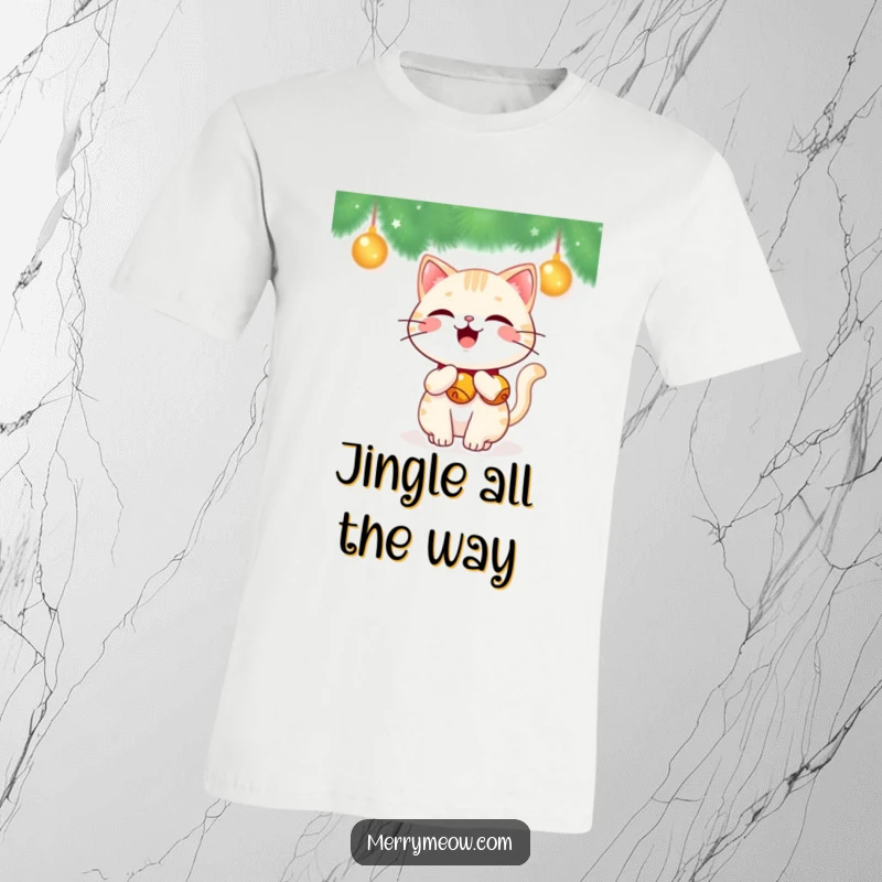 Funny Kawaii Cat T-Shirt with a cute cat flaunting jingle bells on its tail, wagging enthusiastically, full of holiday spirit.