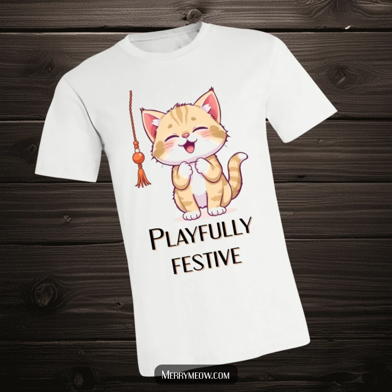 Funny kitten t-shirt, gleefully swatting at a dangling piece of sparkly tinsel, embodying playful holiday excitement.