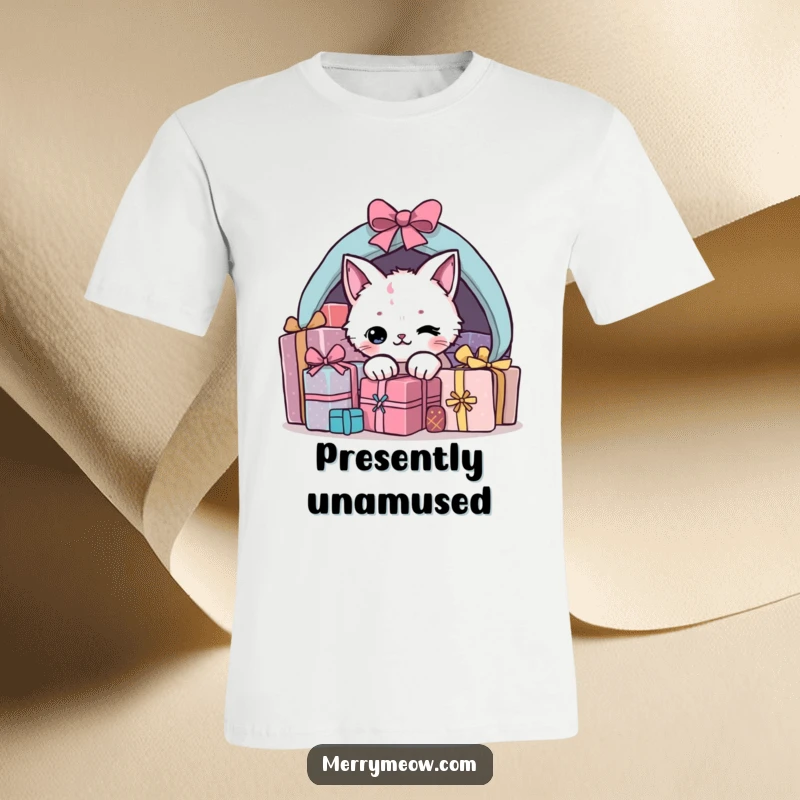 Funny present cat t-shirt featuring a naughty cat hiding under a stack of wrapped gifts, with eyes full of mischief.