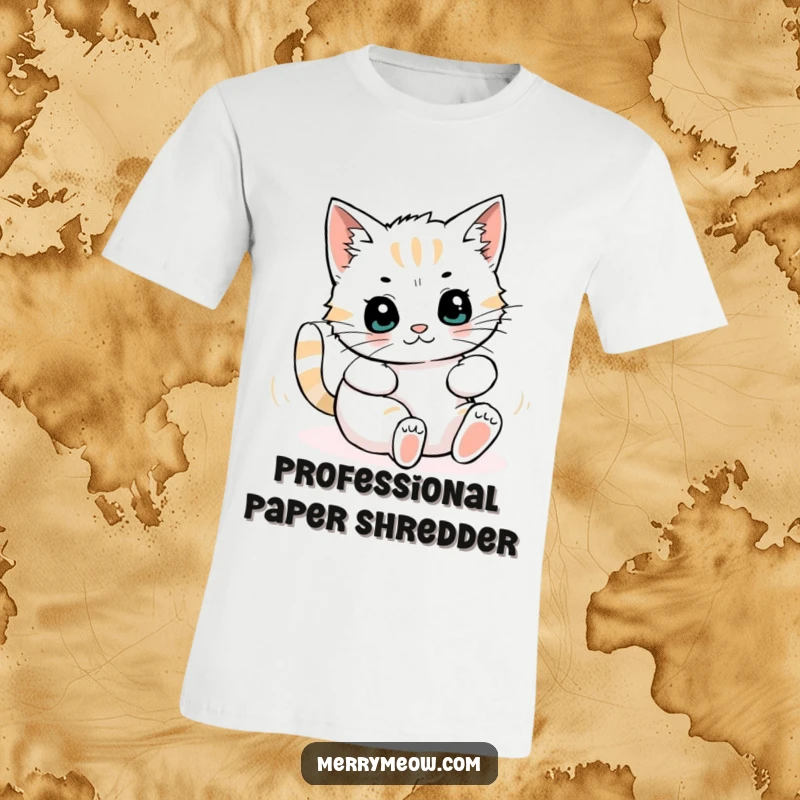 Funny t-shirt showing a delighted cat character covered in ripped wrapping paper, mid-roll, capturing pure, unadulterated holiday mischief.