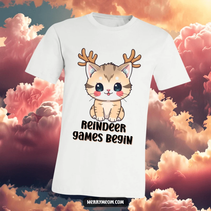 Funny T-Shirt: A mischievous cat sports a pair of reindeer antlers and gives a playful, funny look to the camera.