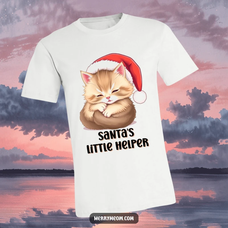 Funny t-shirt featuring an ultra-fluffy kitten blissfully sleeping in a tiny Santa hat, embodying pure holiday happiness and warmth.